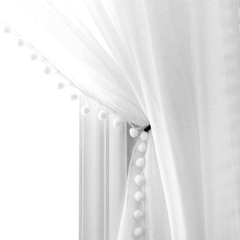 MISS SELECTEX Linen Look Pom Pom Tasseled Curtains - Rod Pocket Voile Semi-Sheer for Living and Bedroom, Set of 2 Panels (52 x 63 inch, White) - Image 1